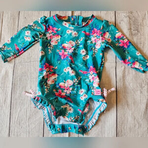 Rufflebutts Baby Girl Size 6-12 month One Piece Blue And Pink Floral Swimsuit